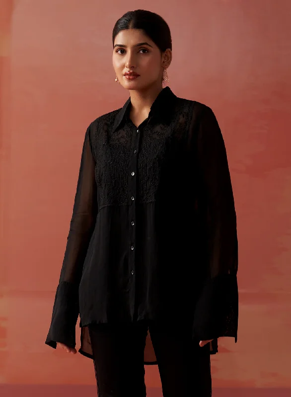 Amina Black Embroidered Organza Shirt for WomenHooded Shirts