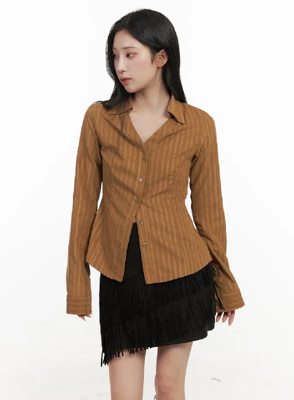 Striped Collared Buttoned Blouse CD409Wool Shirts