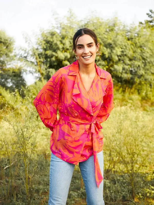 Double breasted Sheer blouse in Pink and Orange ColorLongline Shirts