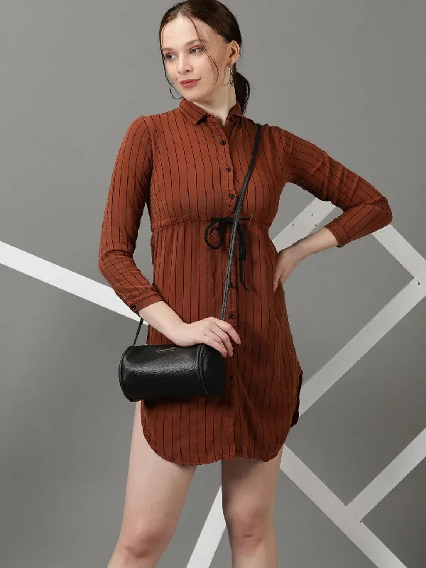 Women's Brown Striped Shirt Style Longline Top-AE-4168-BrownSleep Shirts