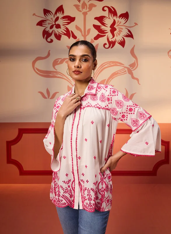 Masakali Ivory with Fuchsia Pink Embroidered Schiffli Shirt for WomenSheer Shirts