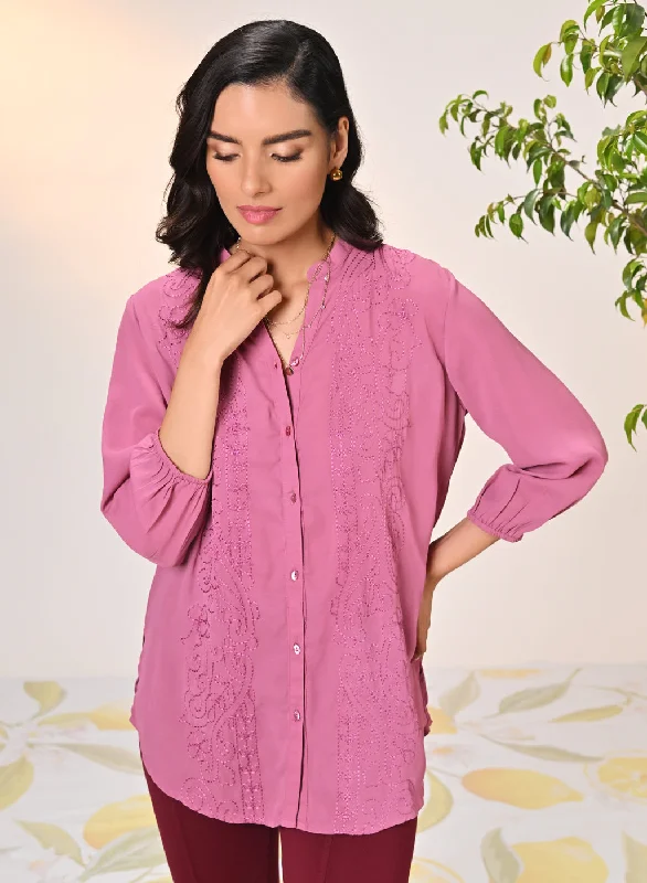 Ameera Watermelon Pink Embroidered Georgette Shirt for WomenCotton Shirts