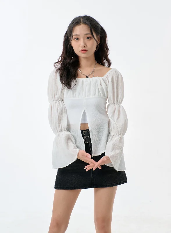 Slit Puff Blouse BF302Pocket Shirts