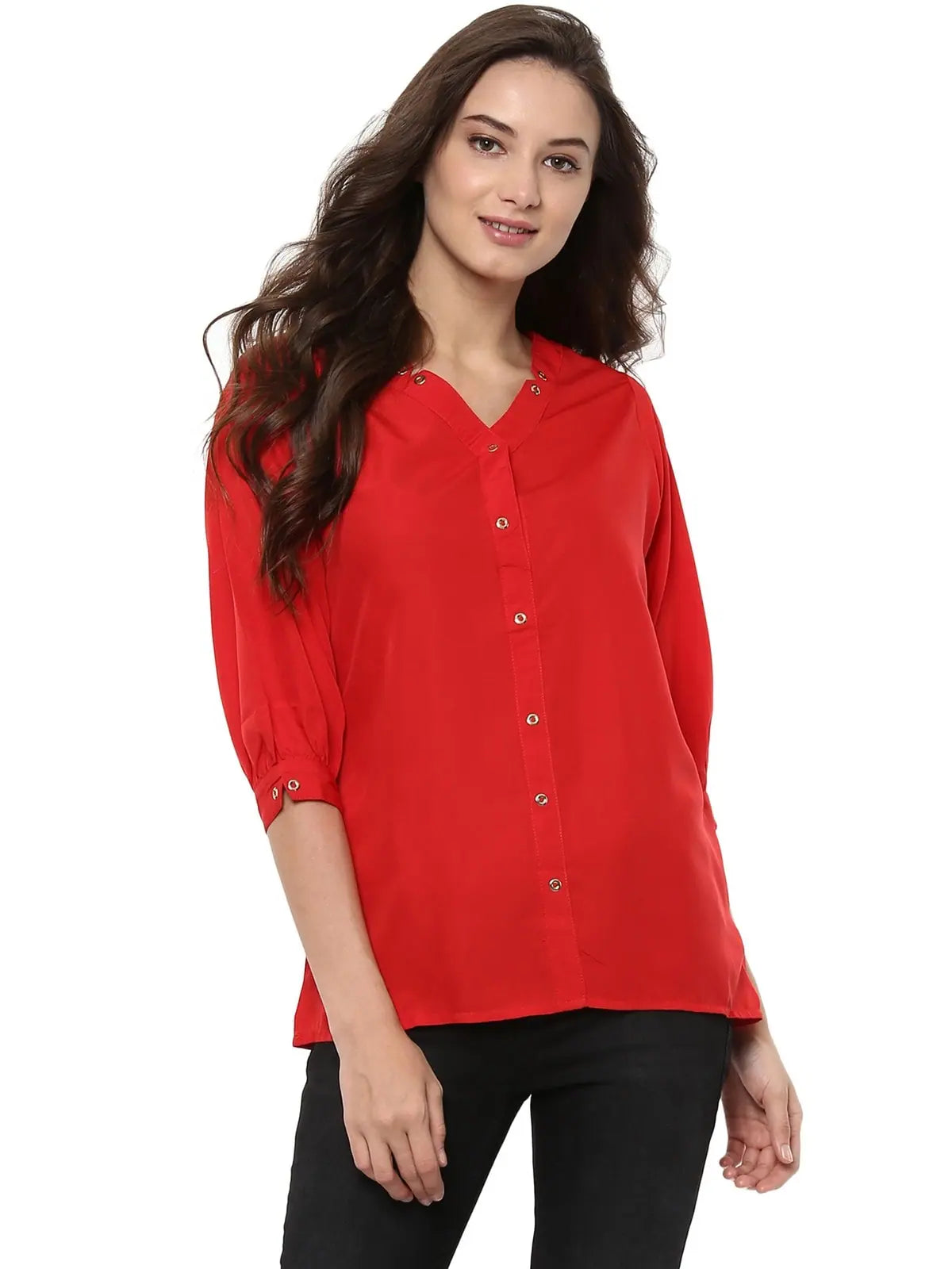 Red Shirt Top With Detailed Notch DesignsSheer Shirts