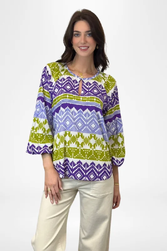 Peasant Blouse Geometric Purple & Lime By Pixi CarnivalLounge Shirts