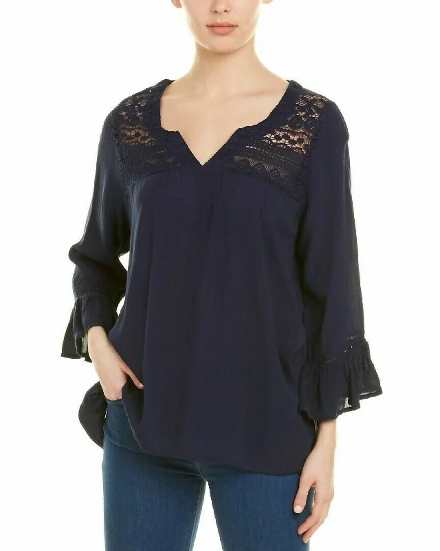 Boho Blouse Top Lace Front And Back Blouse In Navy BlueCasual Shirts