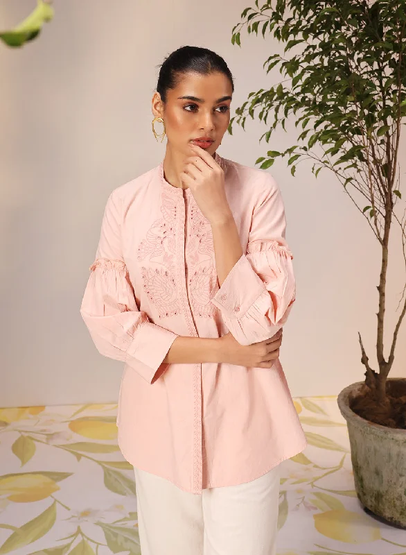 Nudrat Light Pink Embroidered Cotton Long Shirt for WomenPeplum Shirts