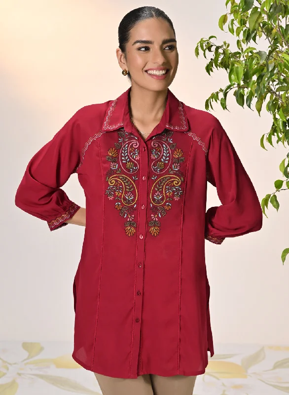 Gul Persian Red Embroidered Crepe Shirt for WomenGym Shirts