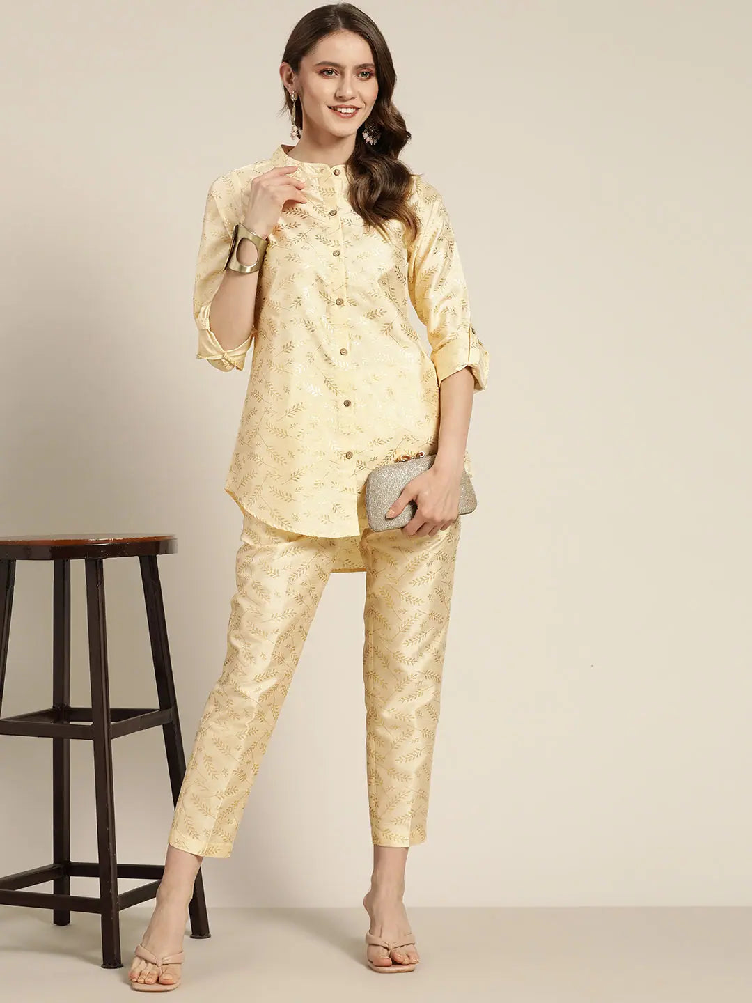 Women Beige Chanderi Gold Foil High Low ShirtCycling Shirts