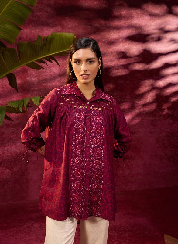 Naaz Burgundy Printed Chanderi Long Shirt For WomenPolyester Shirts