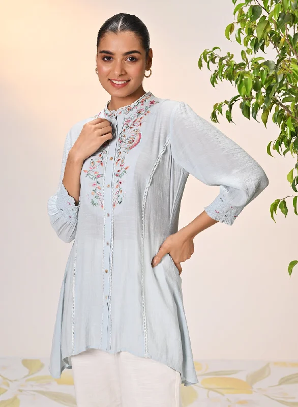 Maha Powder Blue Embroidered Crinkled Crepe Shirt for WomenTravel Shirts