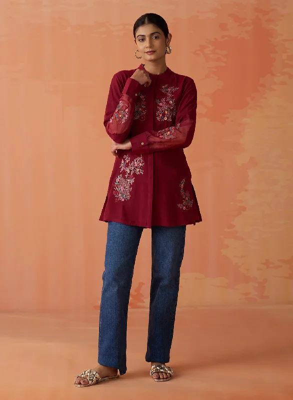 Kashni Maroon Embroidered Cotton Viscose Shirt for WomenButton-Up Shirts