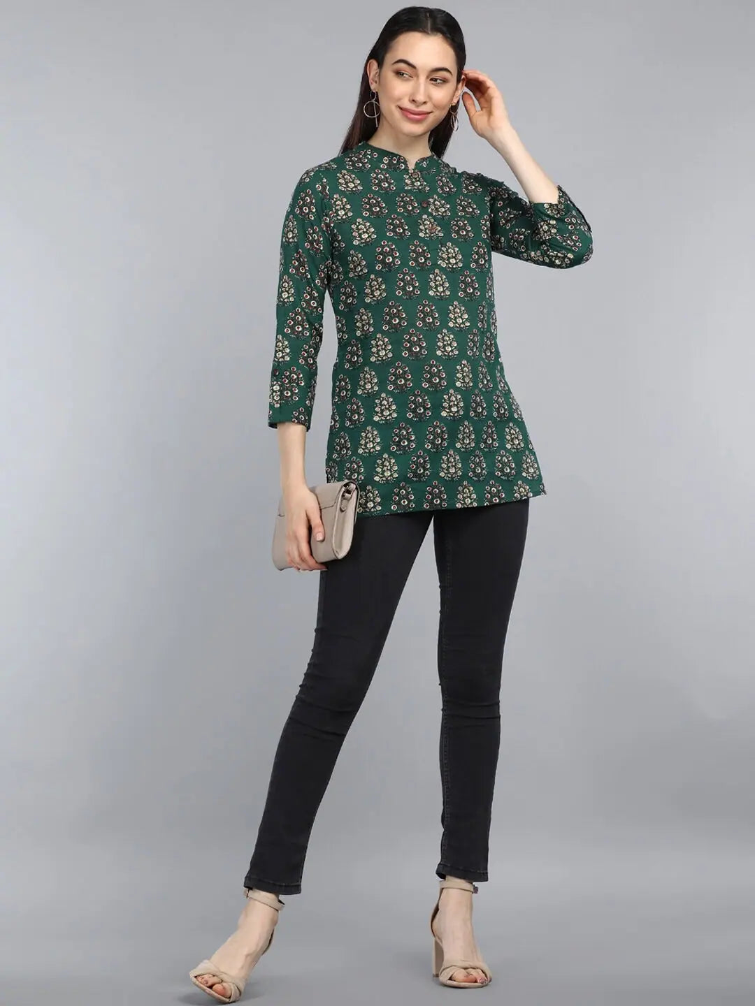 Ahika Green Floral Print Mandarin Collar Shirt Style TopPlush Shirts