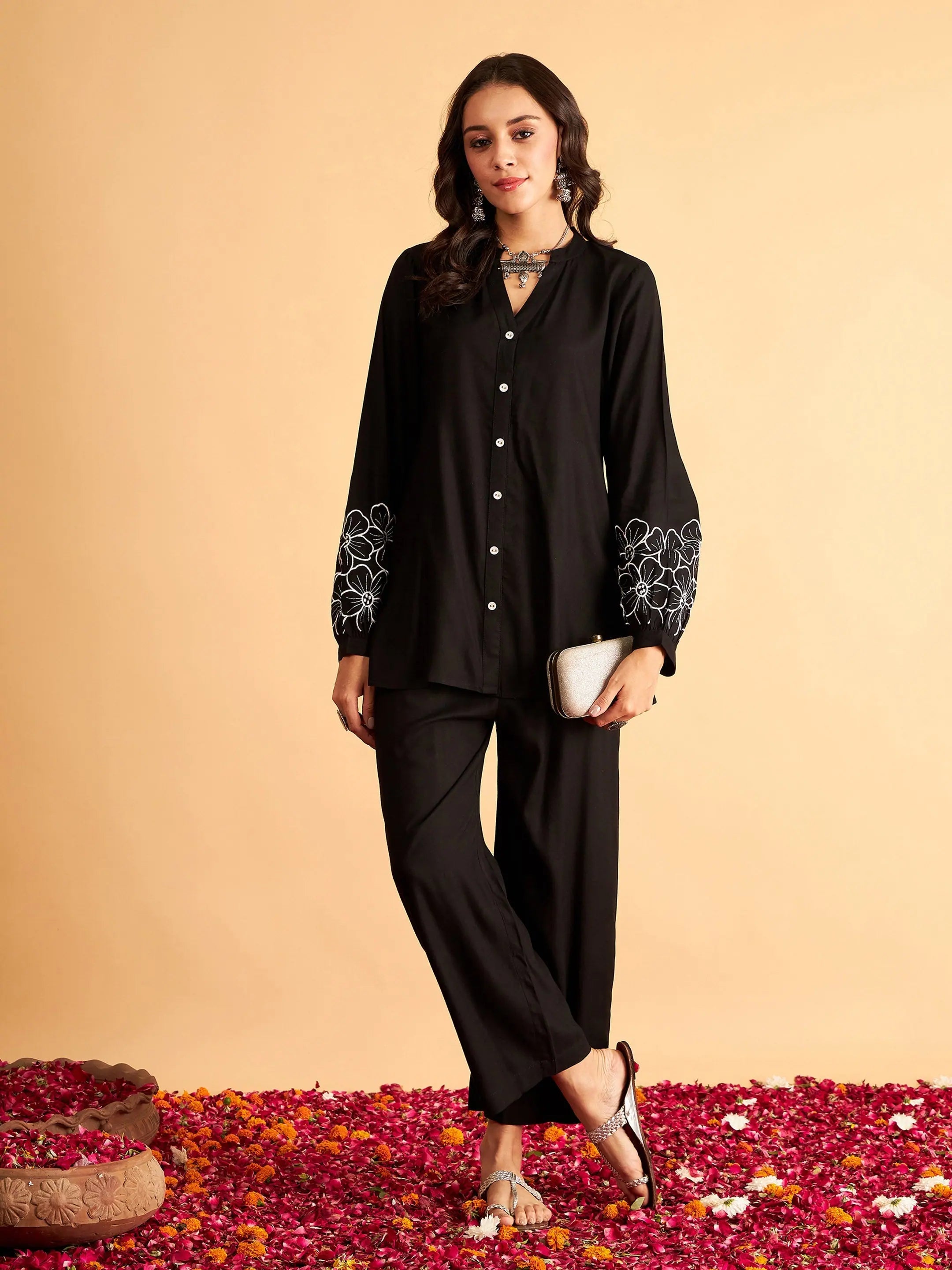 Women Black Sleeves Embroidered Shirt With PantsBeaded Shirts