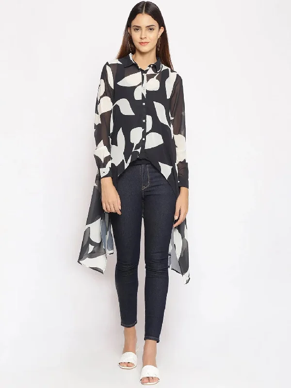 Black Abstract Print High-Low Shrug ShirtTasseled Shirts