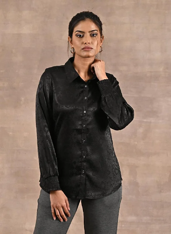 Black Aztec Printed Satin Shirt with Gathered SleevesTunic Shirts