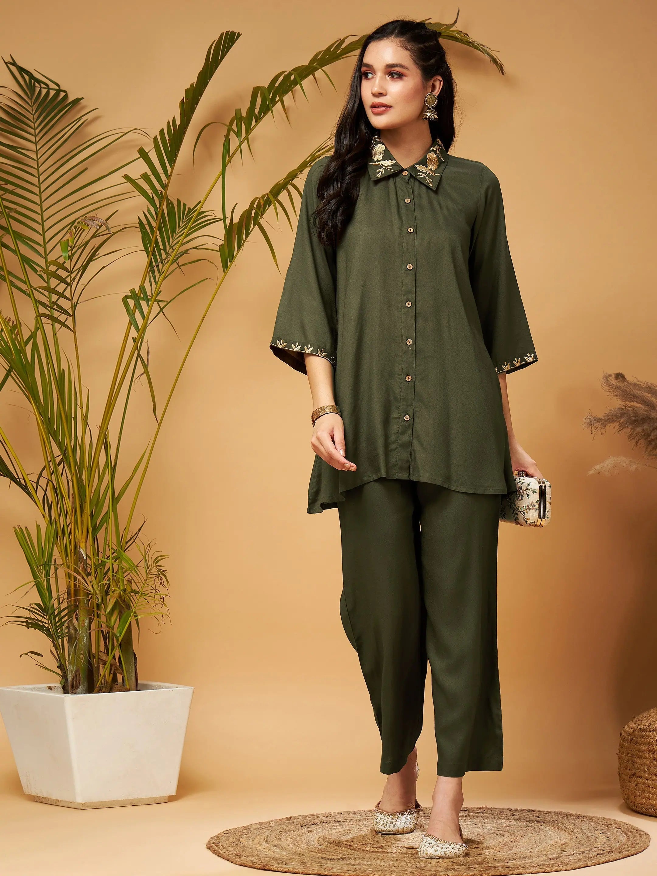 Women Olive Zari Embroidered Shirt Collar Top With PalazzosPainted Shirts