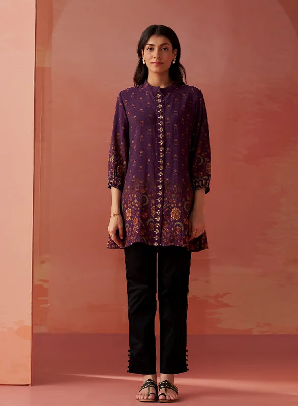 Zaina Purple Printed Cotton Modal Shirt for WomenSleep Shirts