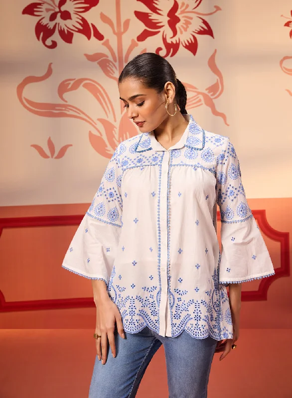 Masakali Ivory with Blue Embroidered Schiffli Shirt for WomenMesh Shirts