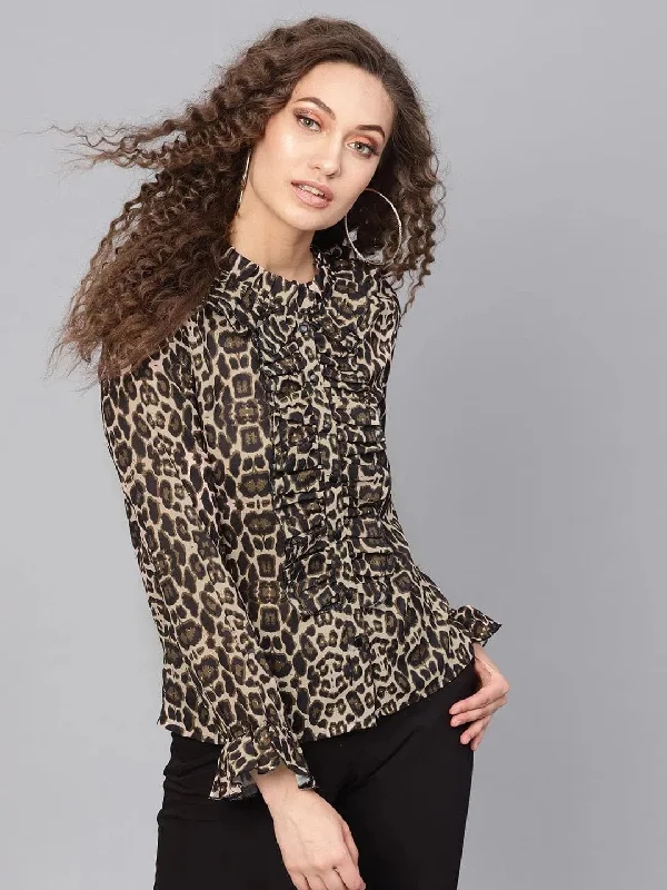 Black Cheetah Cascading Ruffles ShirtTravel Shirts