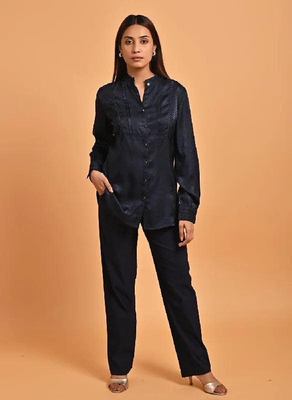 Navy Blue Satin Shirt with Balloon Sleeves and Open FrontLongline Shirts