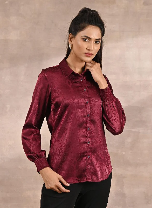 Maroon Aztec Printed Satin Shirt with Gathered SleevesAsymmetrical Shirts