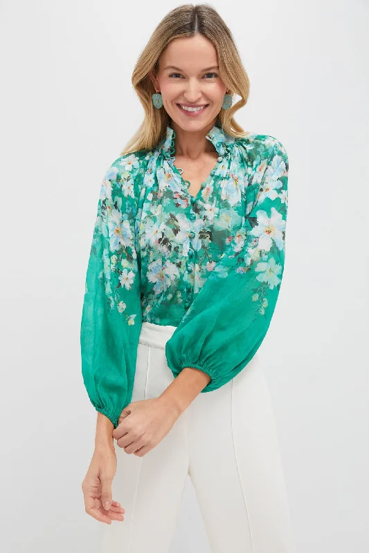 Green Watercolour Floral Everley Billow BlouseBamboo Shirts