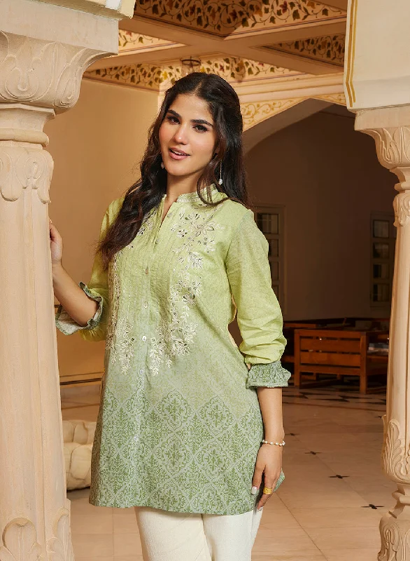 Myra Apple Green Long Printed Cotton Modal Shirt for WomenLinen Shirts