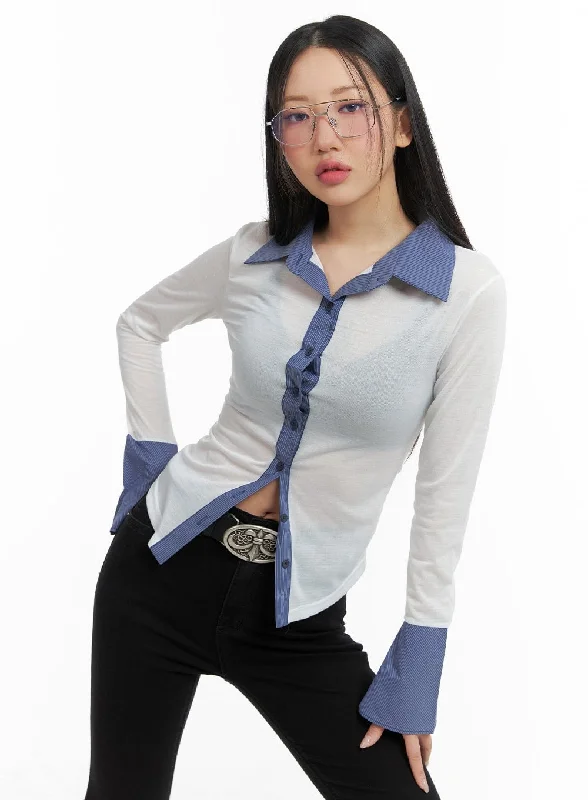 Contrasting Binding Button-Up Blouse CM421College Shirts