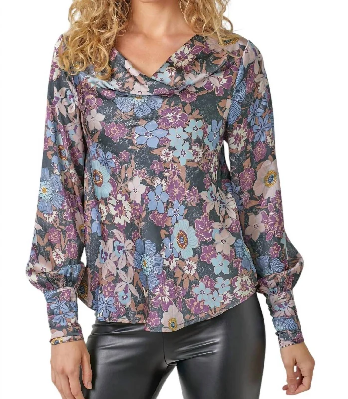 Printed Cowl Neck Blouse In NavyPeplum Shirts