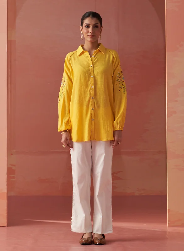 Mayal Yellow Embroidered Cotton Linen Shirt for WomenCultural Shirts