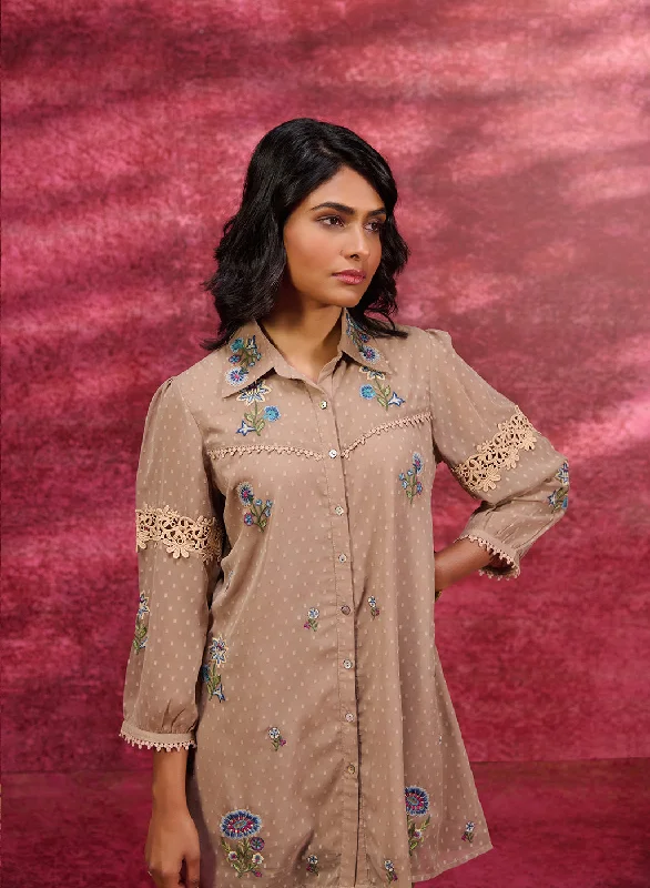 Breeze Taupe Embroidered Georgette Shirt for WomenHunting Shirts