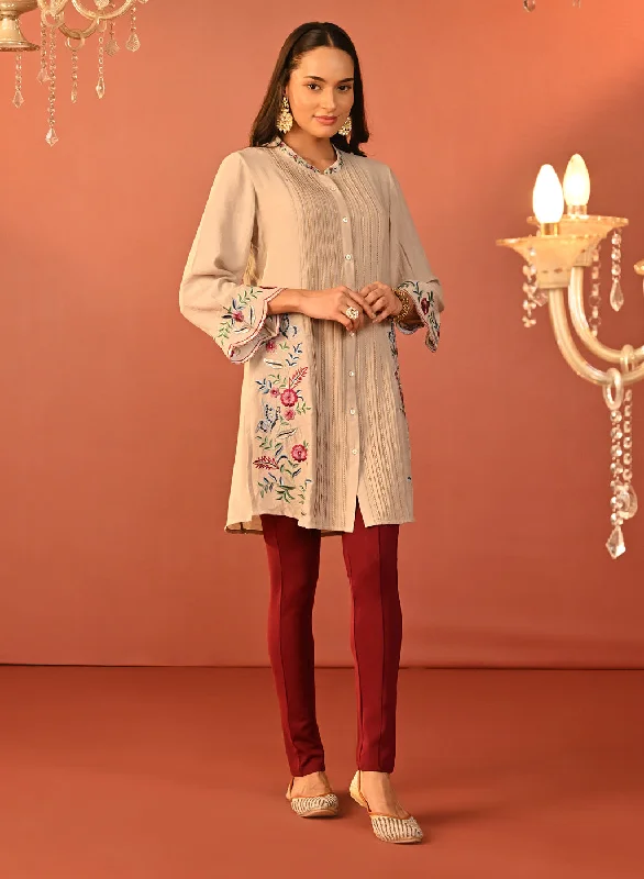 Yumna Beige Embroidered Rayon Shirt for WomenEmbellished Shirts