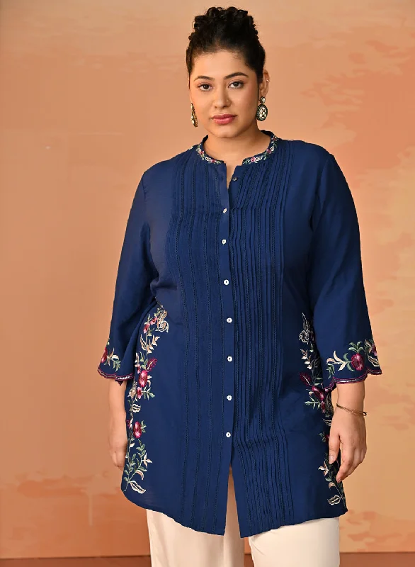 Yumna Navy Embroidered Rayon Shirt for WomenSatin Shirts