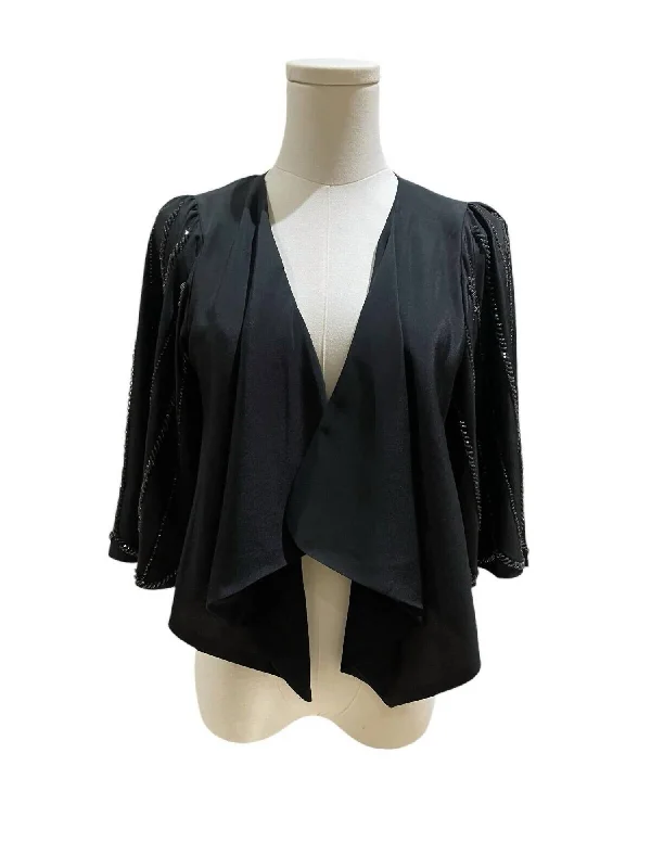 Women's Beaded Shrug Open Front Draped Blouse In BlackSheer Shirts