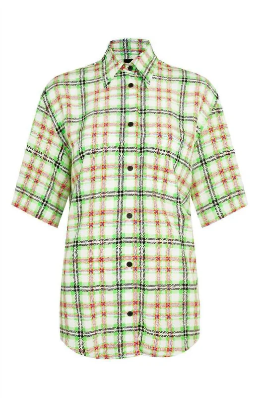 Women's Checked Plaid Print Button Blouse In GreenPocket Shirts