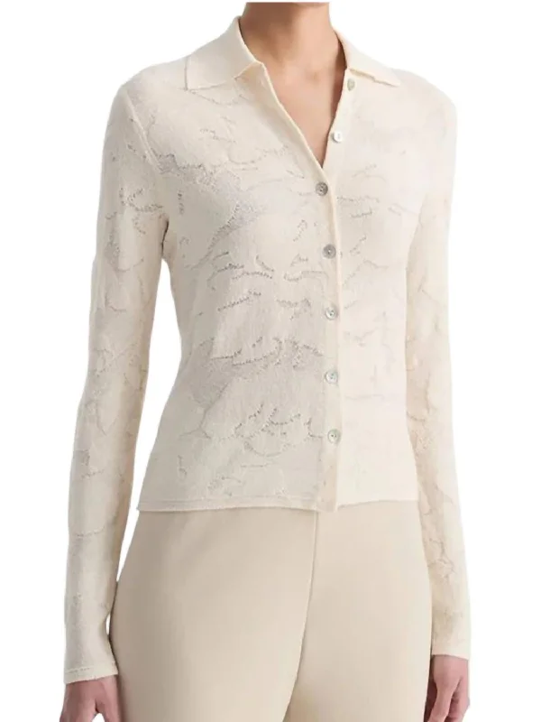 Italian Textured Floral Button-Up Shirt In IvoryBeaded Shirts