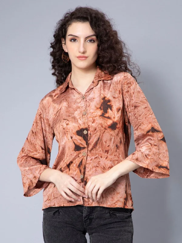 Brown Silk Crepe Fabric Tie-Dye Print ShirtHigh-Fashion Shirts