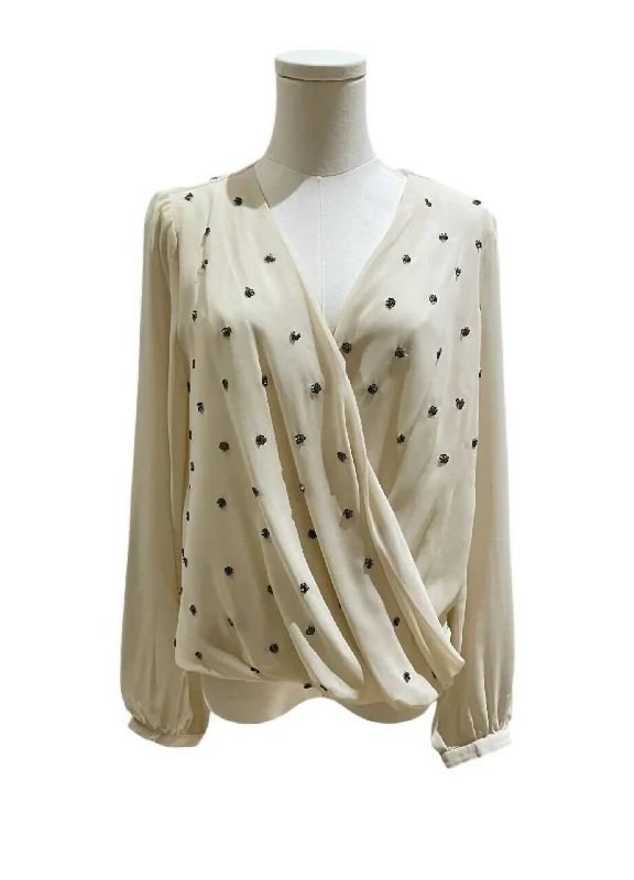 Women's Beaded Chiffon Double Breasted Faux Wrap Blouse In IvoryWrap Shirts