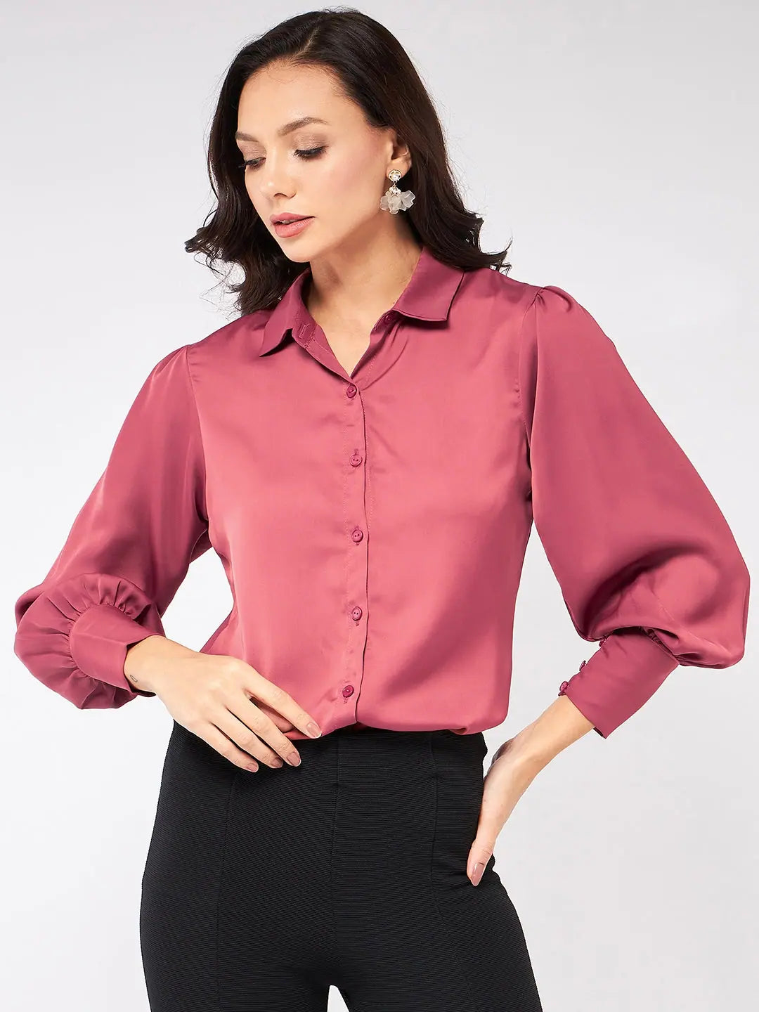 Satin Elegant Puff Sleeves Shirt TopRibbed Cuff Shirts