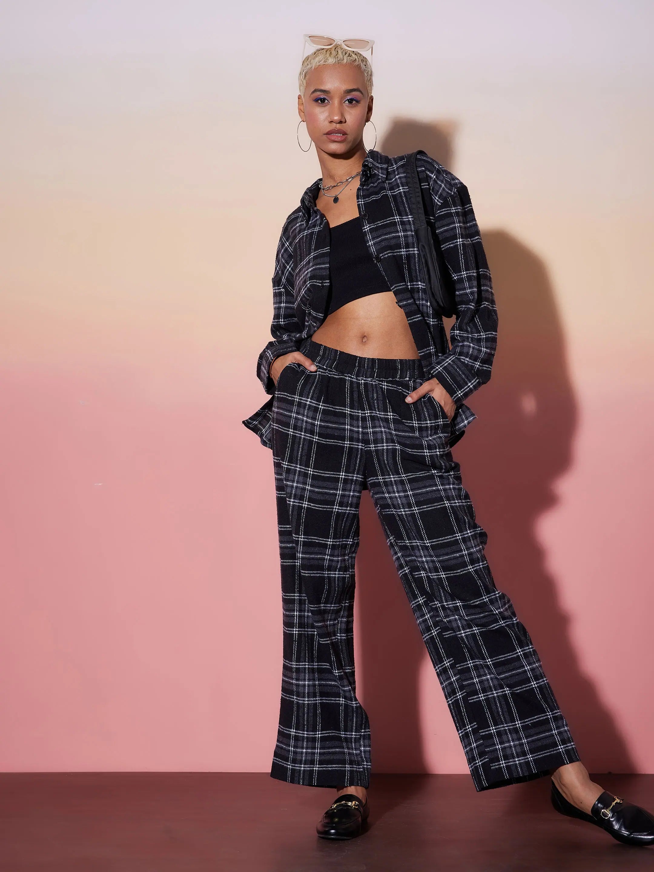 Women Black & White Check Shirt With Lounge PantsStatement Shirts