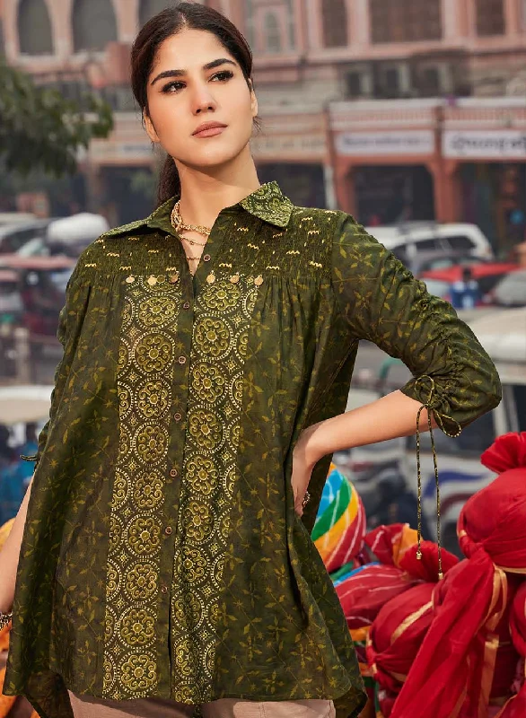 Bottle Green Printed Chanderi Long Shirt For WomenWool Shirts