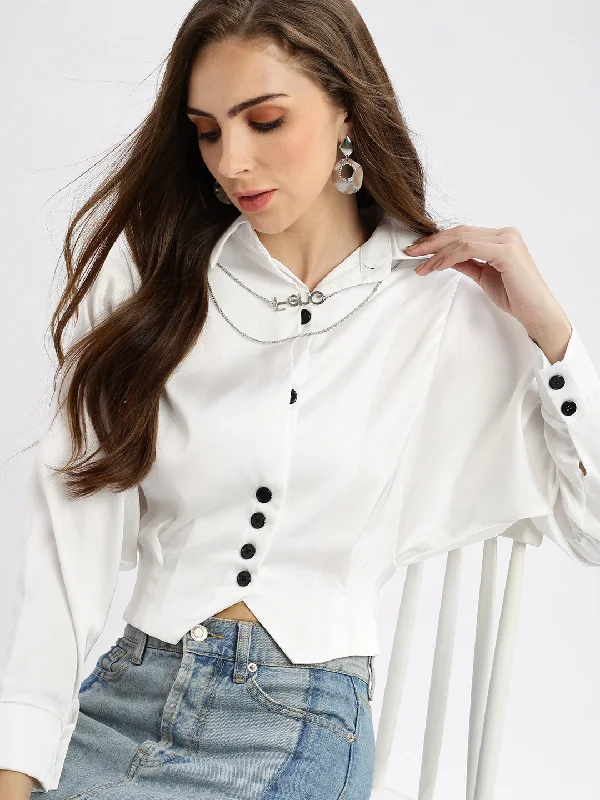 Women Solid White Shirt Style Smocked Top with Neck Chain-639-WhiteSilk Shirts