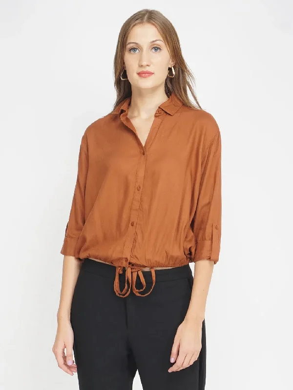 Coffee Brown Women's Shirt with Tie-Up WaistDress Shirts