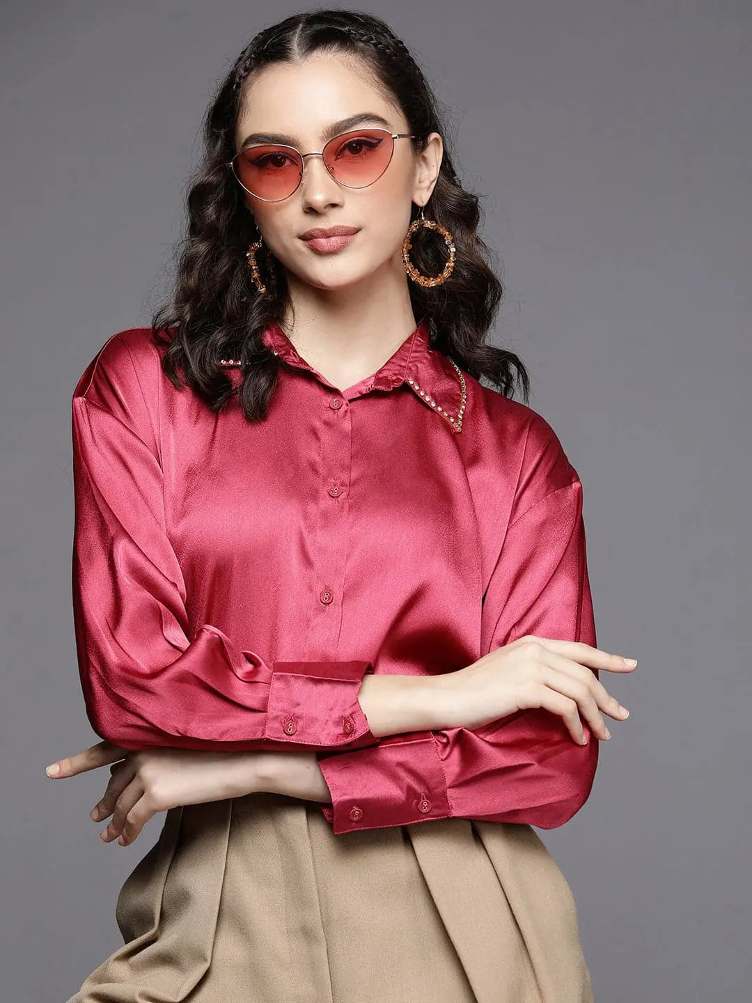 Women Pink Satin Longline ShirtMetallic Shirts