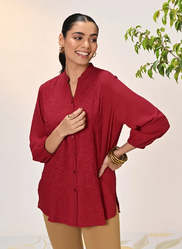 Ameera Red Embroidered Georgette Shirt for WomenFormal Shirts