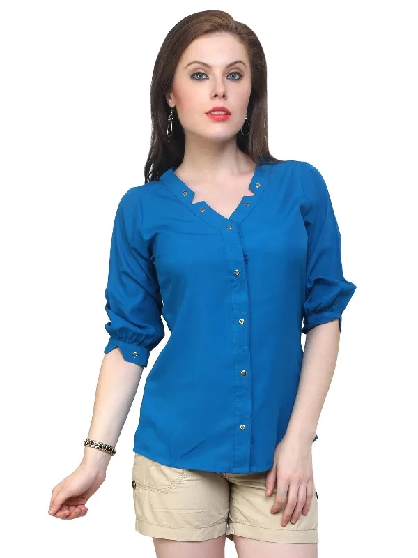 Pannkh Women's Blue Shirt Top With Detailed Notch Designs-PKT1006BLUE-XSMetallic Shirts