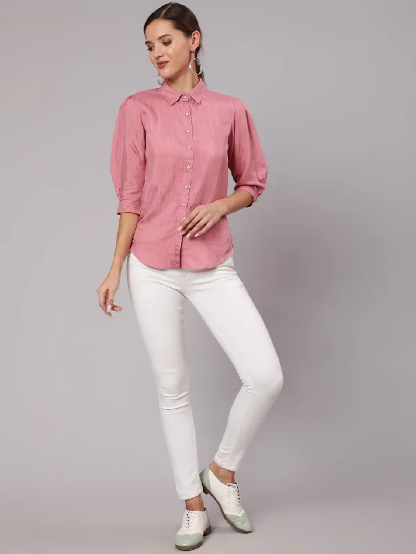 Pink Shirt With Puffed Sleeves And FrontYoga Shirts