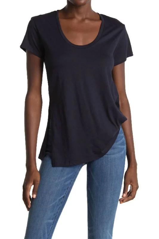 Asymmetrical Hem Tencel Tuck Cotton Shirt In Navy BlueSequined Shirts