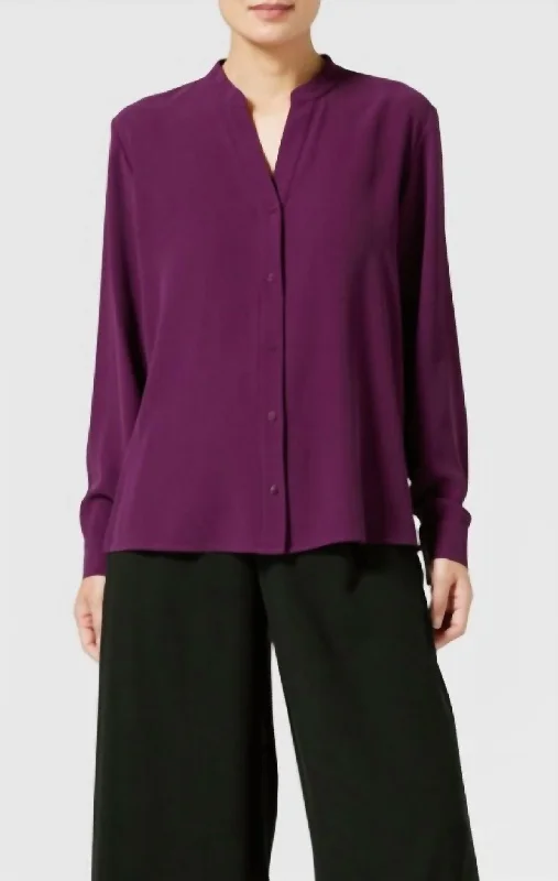 Mandarin Collar Silk Shirt In Sweet PlumFestival Shirts